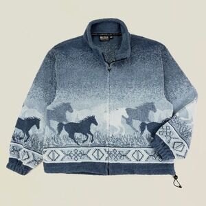VTG Outback Sherpa Jacket Womens XL Blue Horses Running Wild Oversized Western